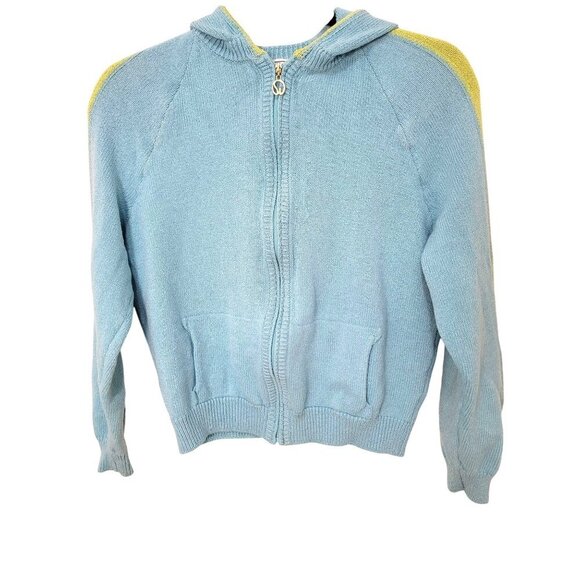 Vintage ST. JOHN SPORT Blue & Green Knit Hooded Cardigan Sweater With Pockets & - Picture 1 of 16